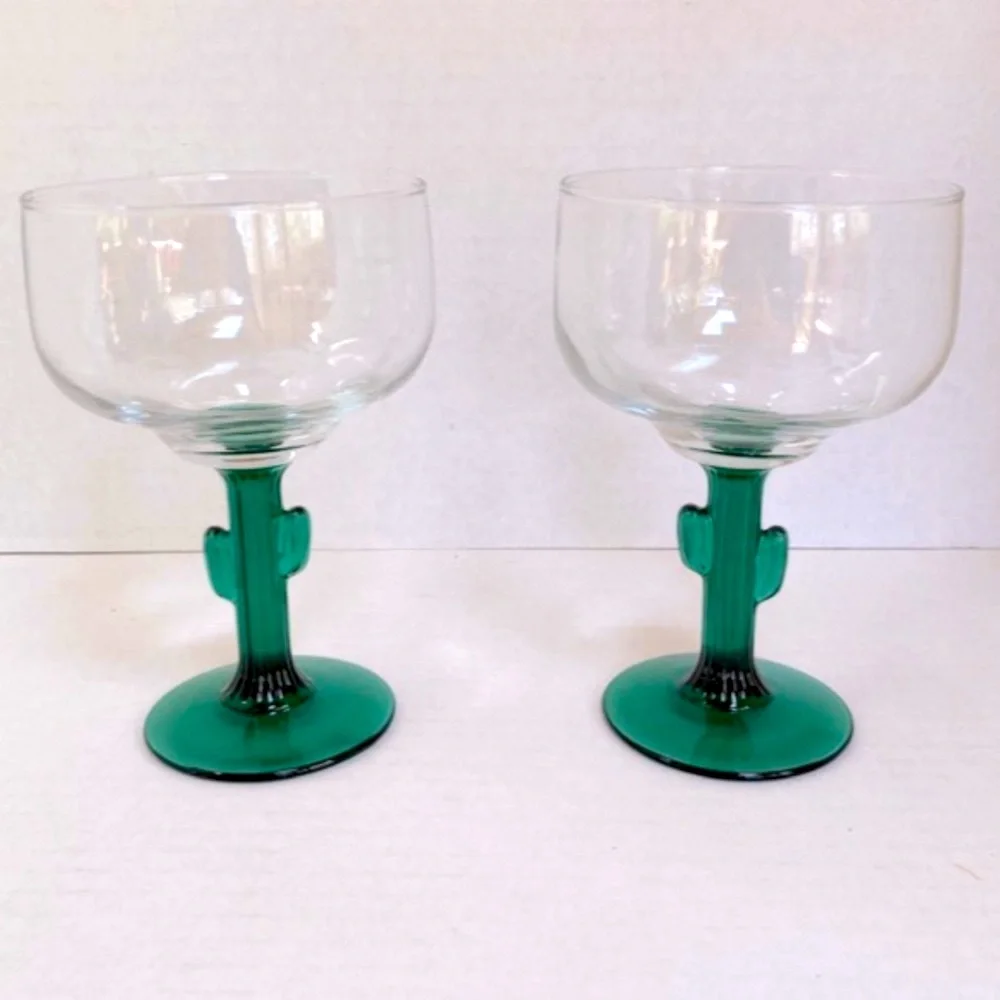 1980s Vintage CACTUS Southwestern Stemmed Margarita Glasses Set of 2